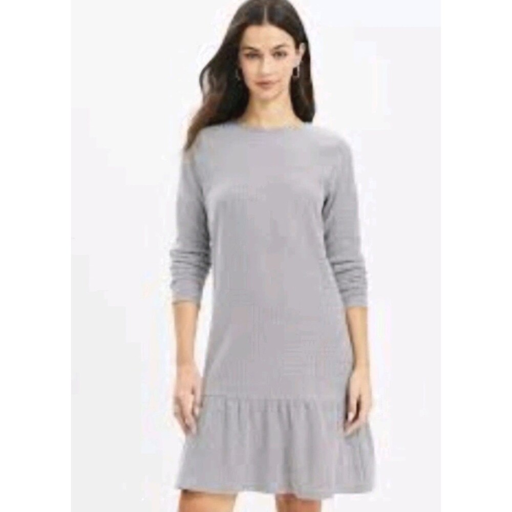 Loft Large Jacquard Flounce Swing Dress Long Sleeve Gray  Peplum Bottom EUC